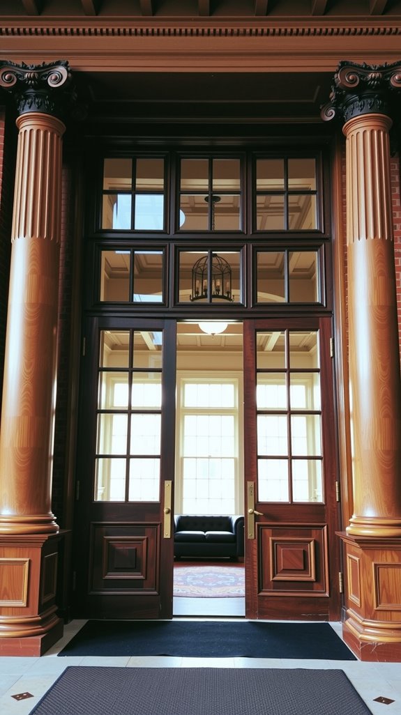 ionic columns and mahogany doors