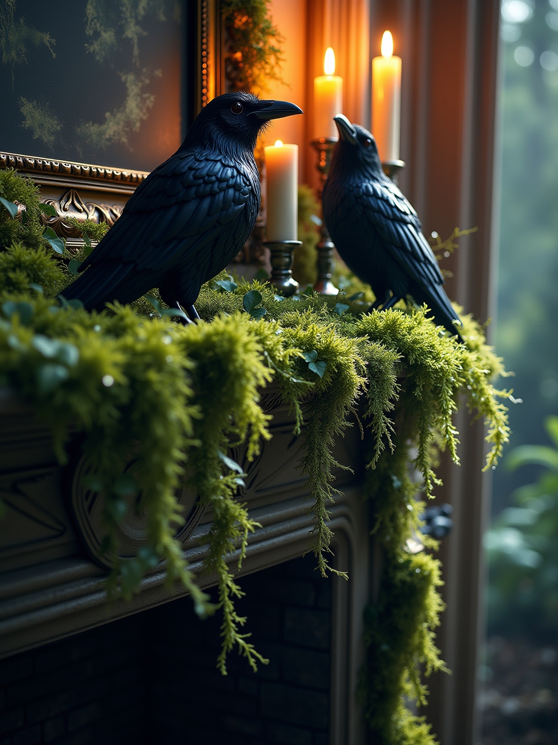 overgrown mossy mantel decoration