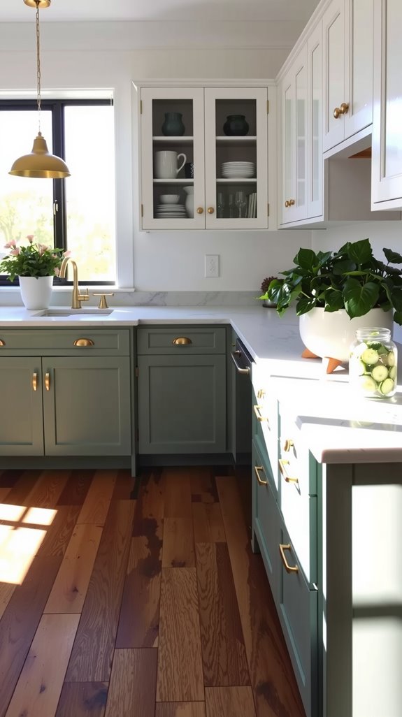 sage green and white cabinetry
