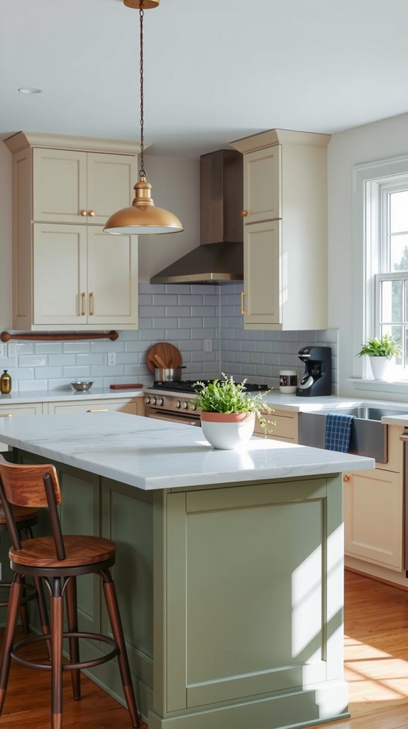 sage green two tone kitchen