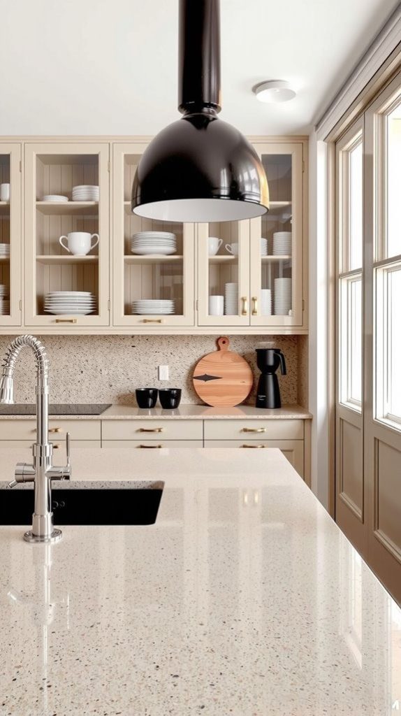 Subtle Beige Terrazzo Paired With Glass-Front Cabinets